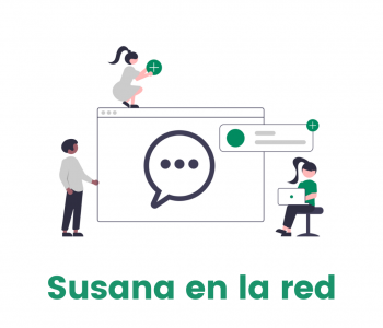 Dos chicas y un chico con una pantalla de ordenador y el nombre del programa