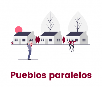 Nombre del programa y casa por detrás con personas caminando