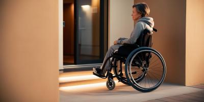 Persona con movilidad reducida ante un edificio con escalón en su acceso